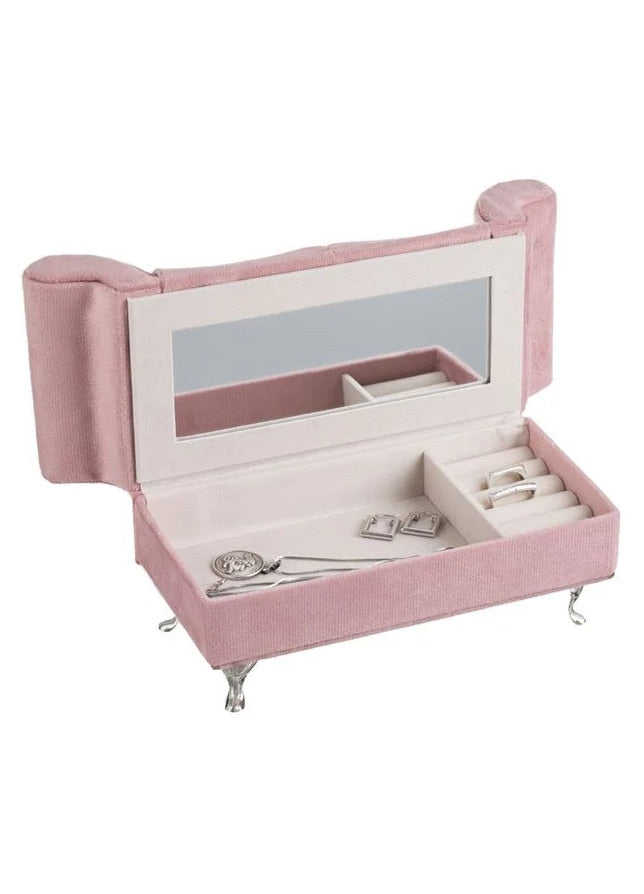 Cutie Organizator Canapea cu Inima Roz Velvet & Oglinda pentru Bijuterii 24x9,5x15cm
