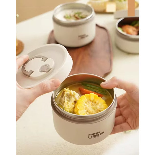 Set 3 caserole termice si geanta transport termica, inox, cu tacamuri, 1400ml, crem