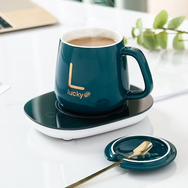 Set cana ceramica, cu incalzire, verde cu auriu, 350 ml