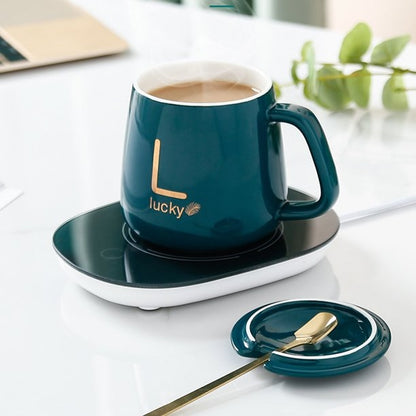 Set cana ceramica, cu incalzire, verde cu auriu, 350 ml