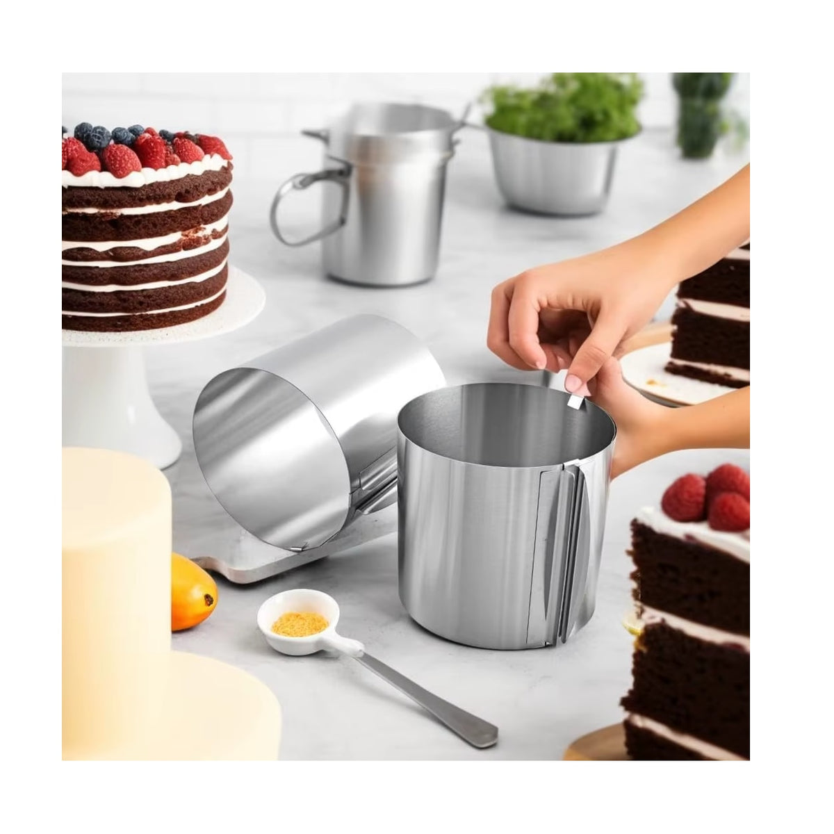Inel reglabil pentru tort, otel inoxidabil, diametru reglabil 16-30 cm, inaltime 15 cm, argintiu