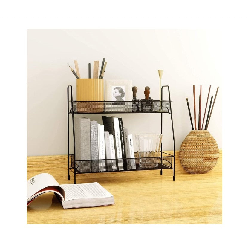 Suport organizator multifunctional cu 2 etaje, negru, metalic, ideal pentru condimente, cosmetice
