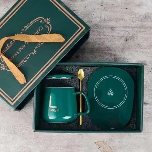 Set cana ceramica, cu incalzire, scris auriu Lucky, 350 ml, verde