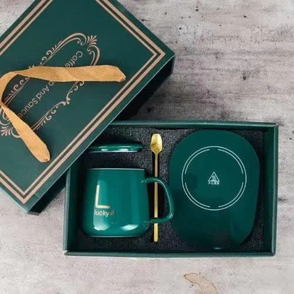 Set cana ceramica, cu incalzire, scris auriu Lucky, 350 ml, verde