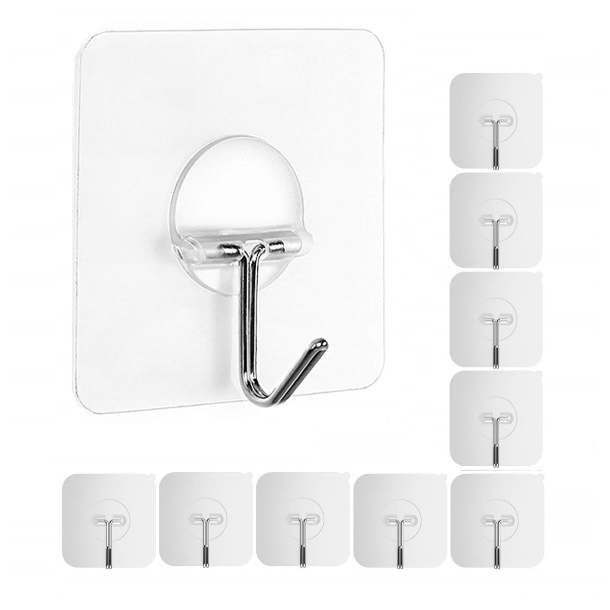 Set 10 agatatori, Autoadeziv, max. 60 Kg, Policarbonat/Inox, Transparent/Argintiu