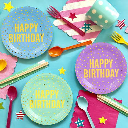 Set 25 de farfurii din carton pentru petrecere, multicolore, cu folie aurie si mesaj "Happy Birthday", 23cm