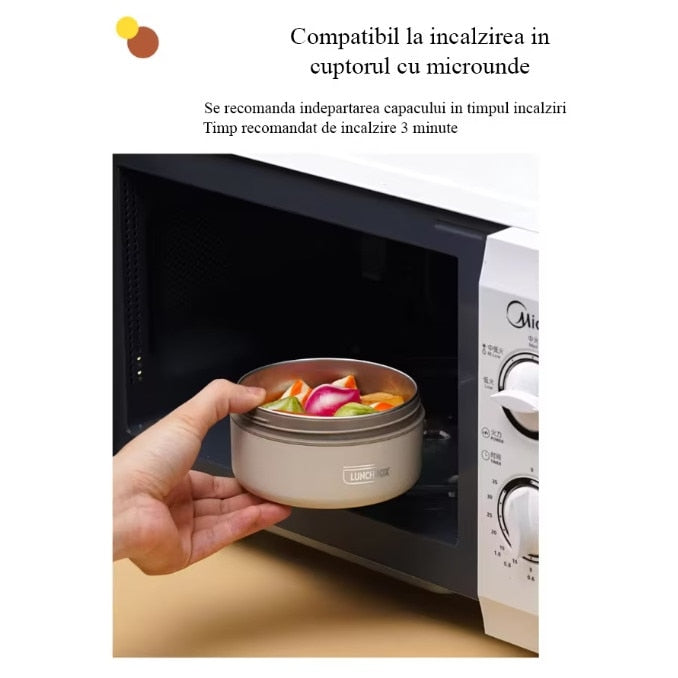Set 3 caserole termice si geanta transport termica, inox, cu tacamuri, 1400ml, crem