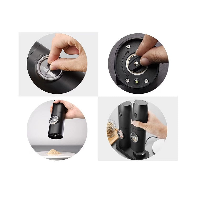 Set 2 rasnite electrice, Sare si Piper, cu stand incarcare USB, negru
