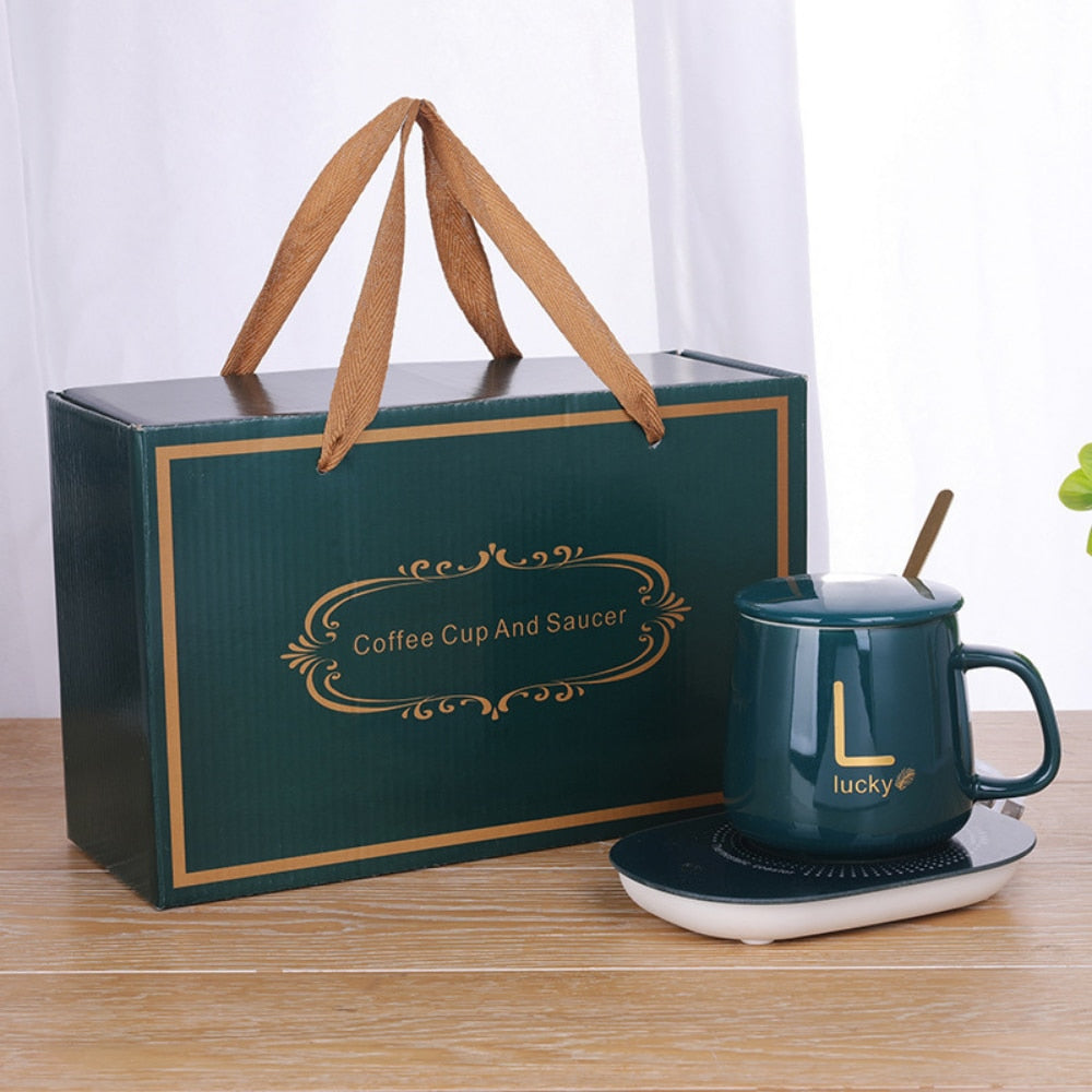 Cana inteligenta de cafea din ceramica, cu capac si lingurita, incalzitor cu USB, 55 grade, controlul temperaturii, verde