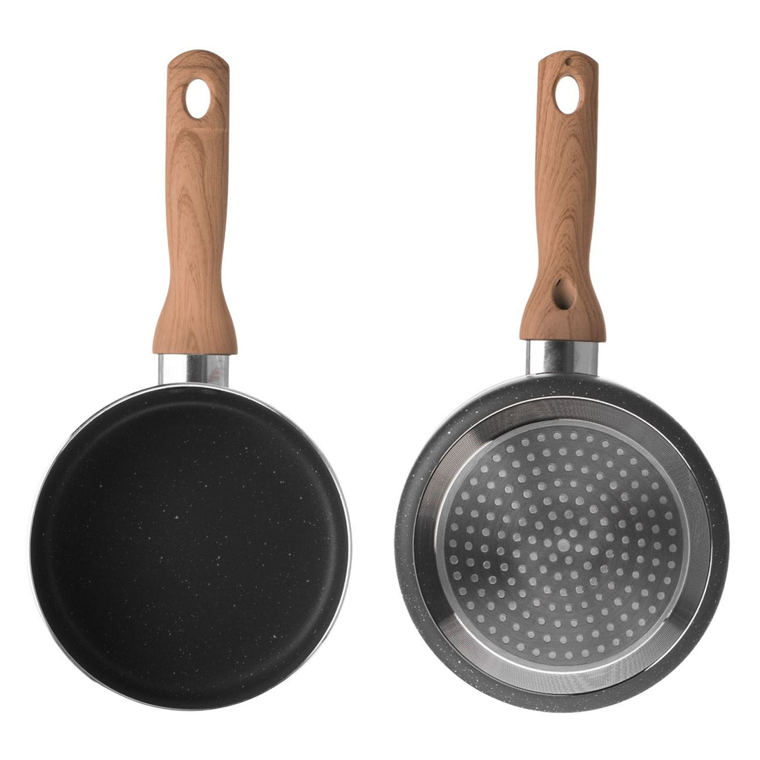 Oala cu maner efect de lemn, antiaderentă, 16cm, negru/maro
