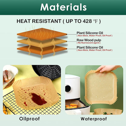 Set 100 hartie de copt pentru Air Fryer, 20cm×20cm×4.5cm, Maro