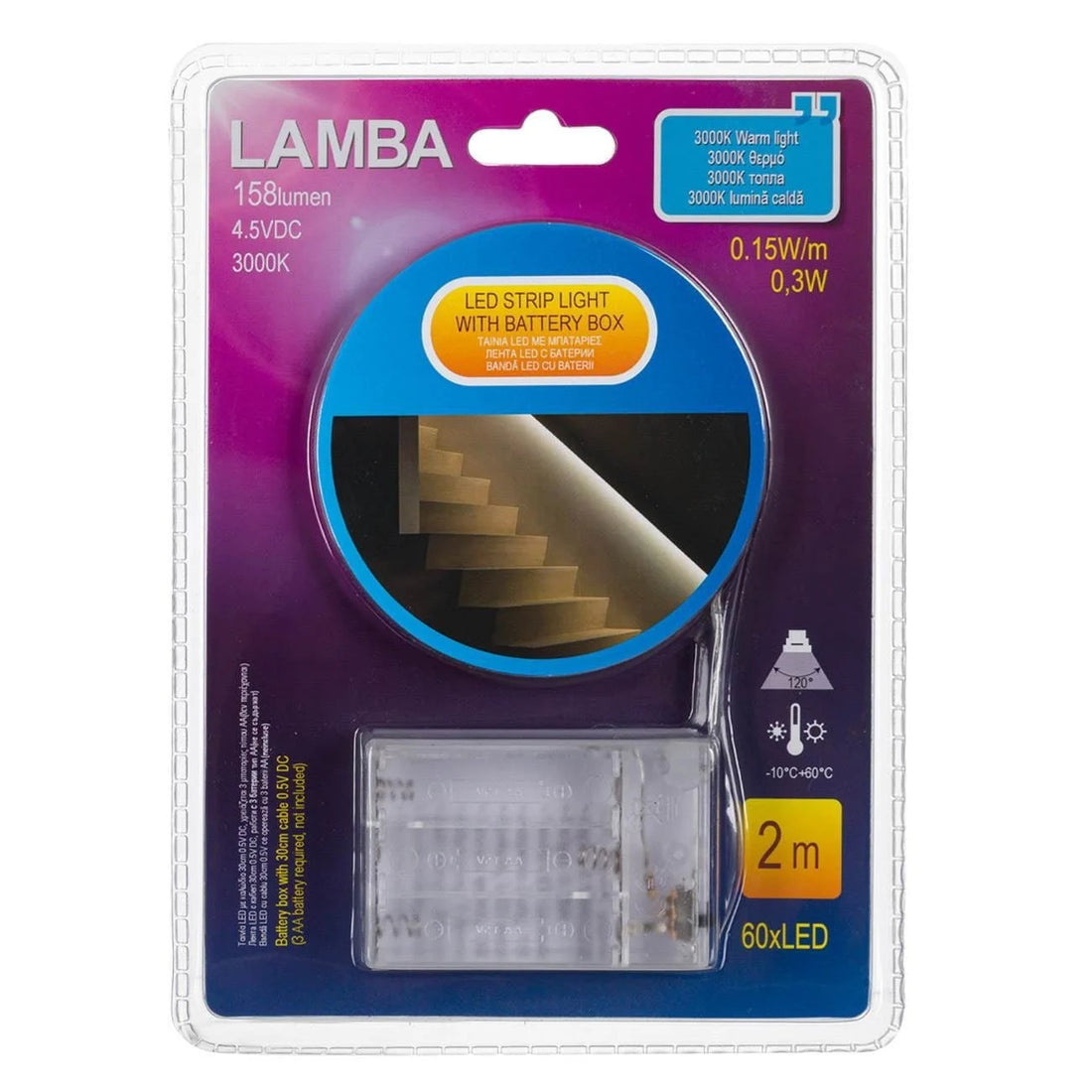 Banda LED Autocolanta, 2m, Alb Cald, 158 Lumeni, Cu Baterii