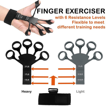 Set Extensoare si Banda Elastica pentru Intarirea Degetelor, Silicon, Negru si Gri, 6 Nivele de Rezistenta