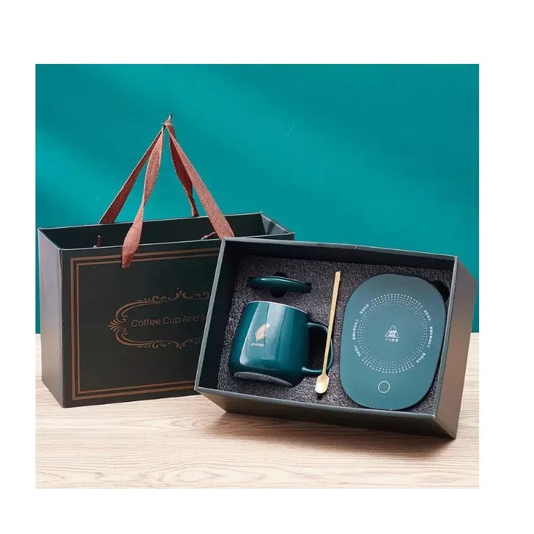 Set cana ceramica, cu incalzire, scris auriu Lucky, 350 ml, verde