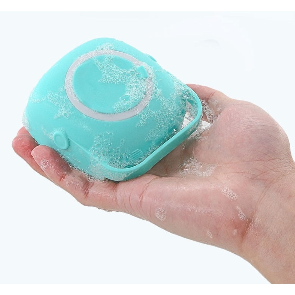 Burete din Silicon Soft pentru Curatare Corporala, Capilara, Rezervor 80ml pentru Sampon, Gel de Dus, 8.5 x 8 x 5.5 cm, Bleu
