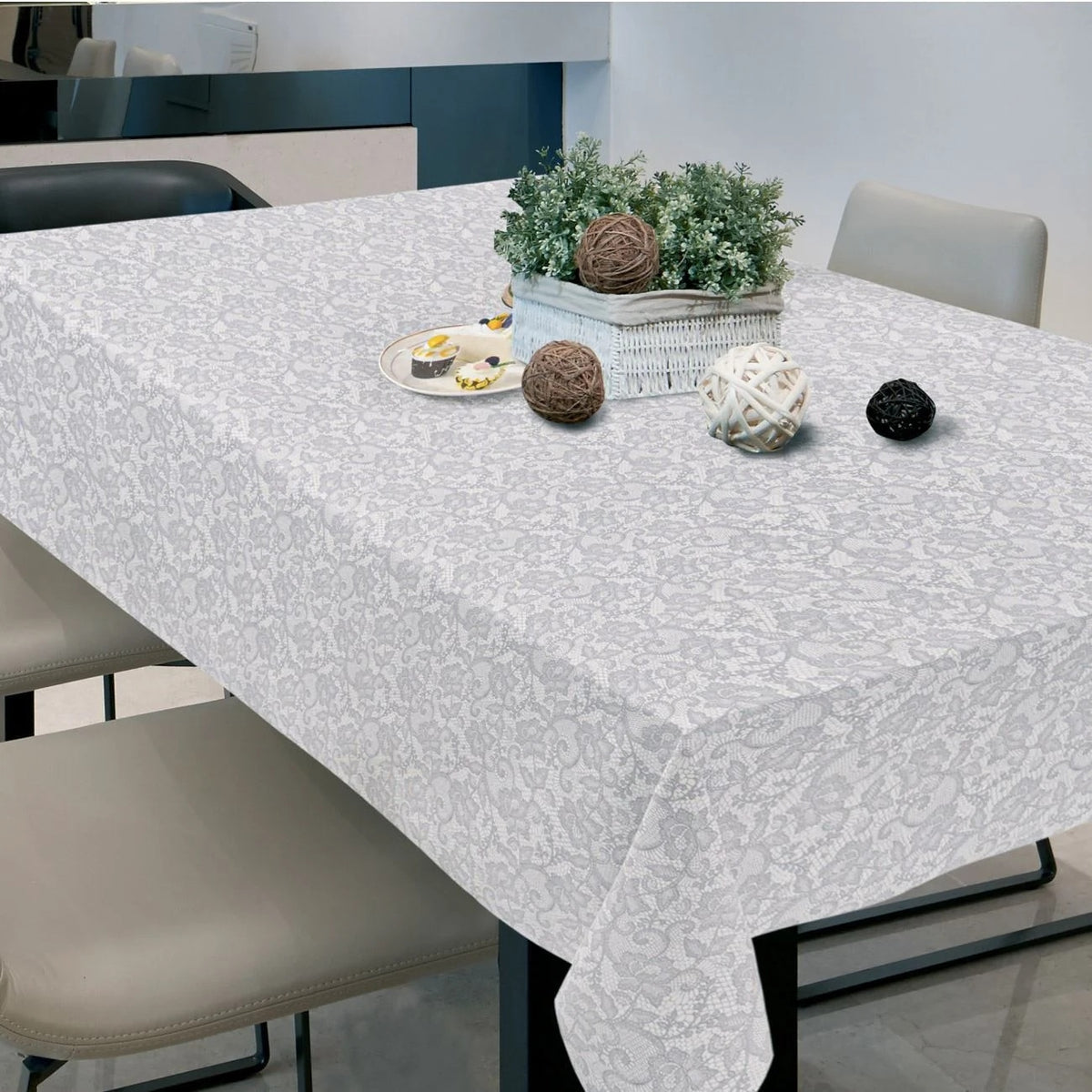 Fata de Masa Plastifiata Alba Gri Dantela 180x140cm, DAMO