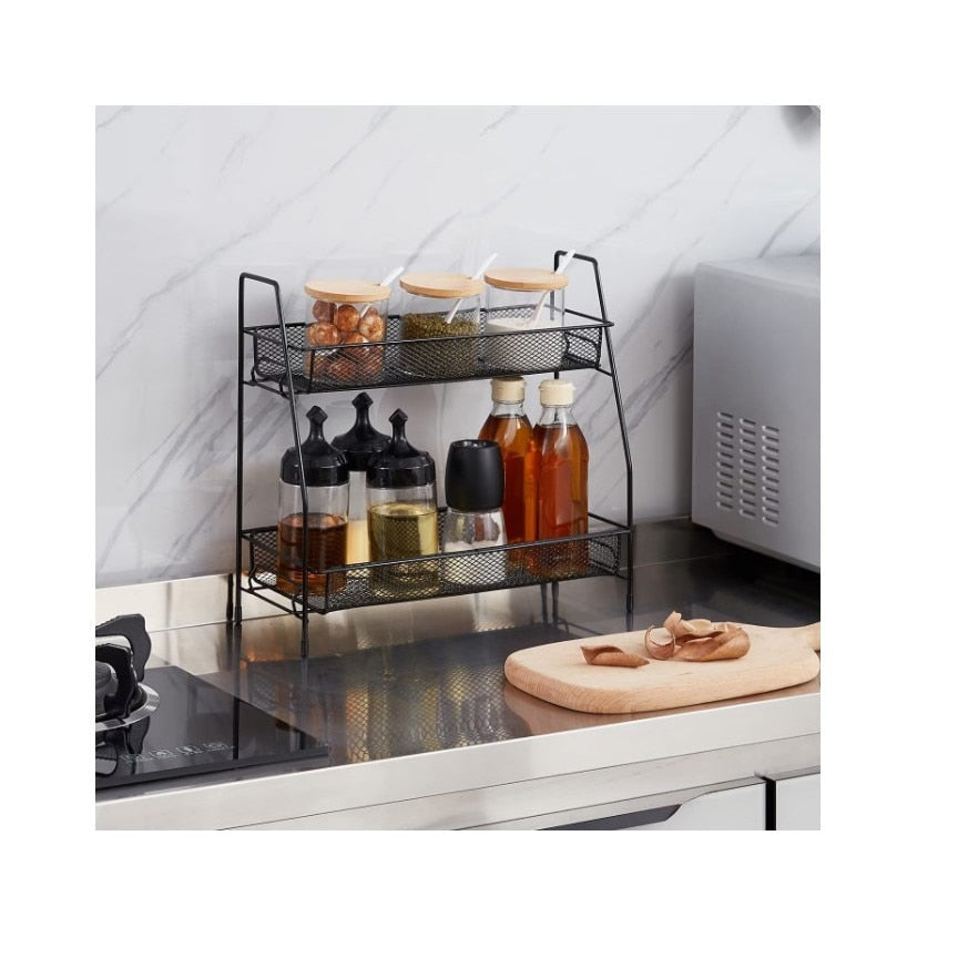 Suport organizator multifunctional cu 2 etaje, negru, metalic, ideal pentru condimente, cosmetice
