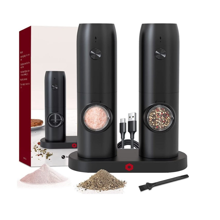 Set 2 rasnite electrice, Sare si Piper, cu stand incarcare USB, negru
