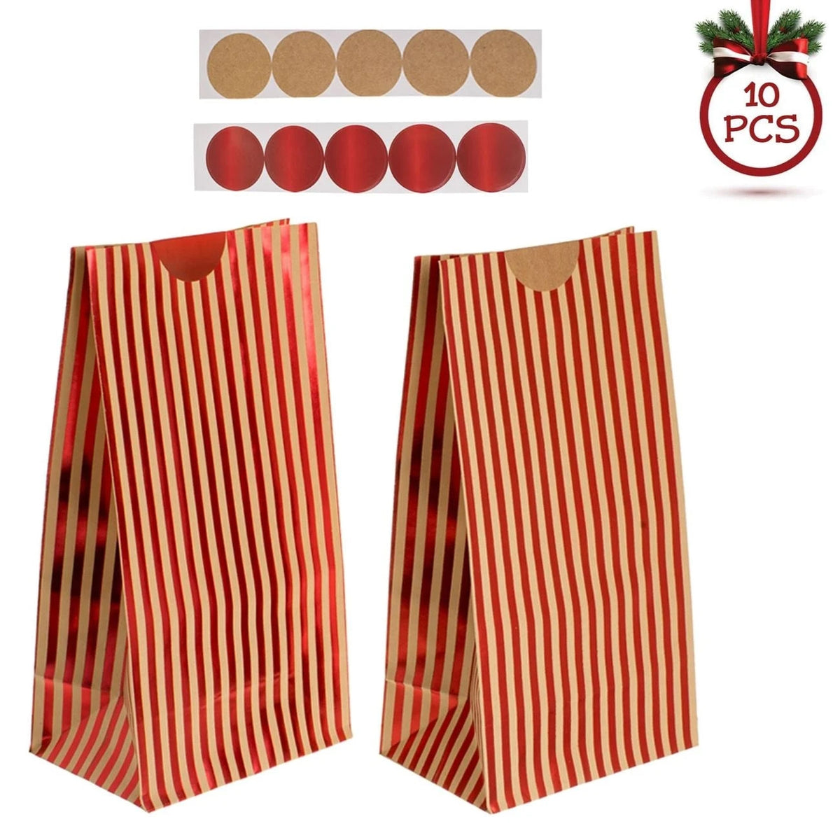 Set de pungi dulciuri din hartie kraft roșii cu dungi, 12x8x23cm, 10buc