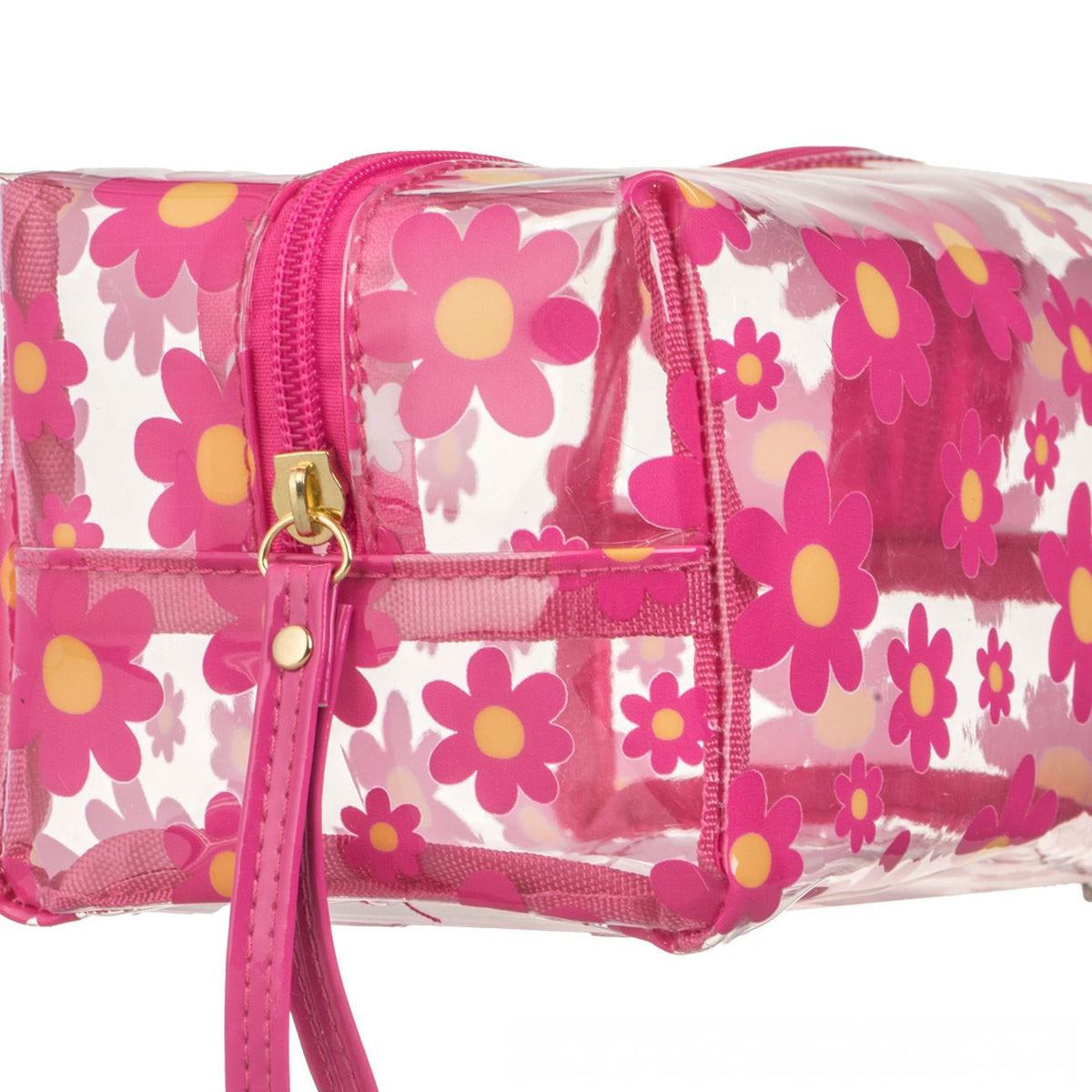 Portfard de vara transparent fucsia cu model margarete 19x10.5x10.5cm