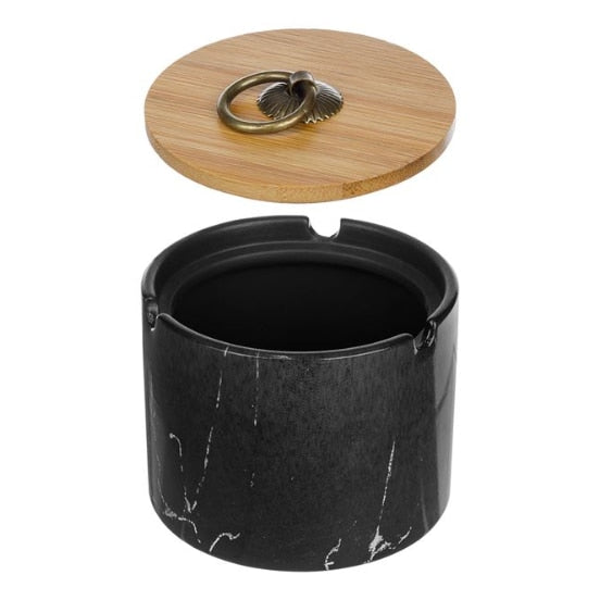 Scrumiera cilindrica, ceramica model marmura negru cu capac bambus 10x7cm