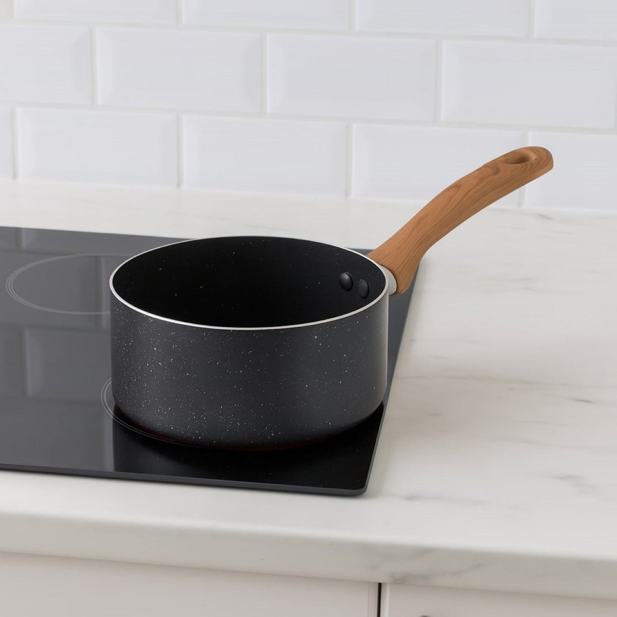 Oala cu maner efect de lemn, antiaderentă, 16cm, negru/maro