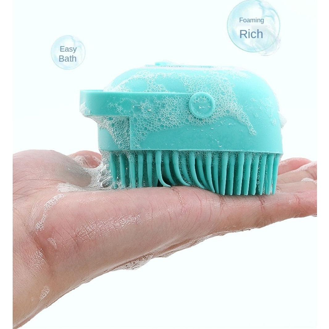 Burete din Silicon Soft pentru Curatare Corporala, Capilara, Rezervor 80ml pentru Sampon, Gel de Dus, 8.5 x 8 x 5.5 cm, Bleu