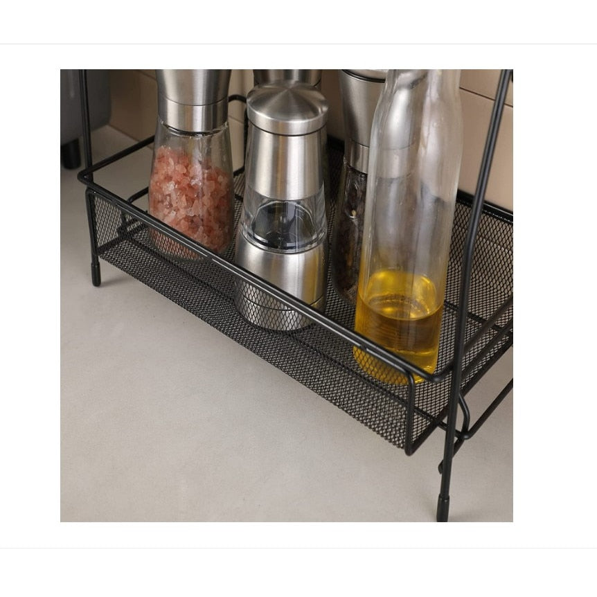 Suport organizator multifunctional cu 2 etaje, negru, metalic, ideal pentru condimente, cosmetice