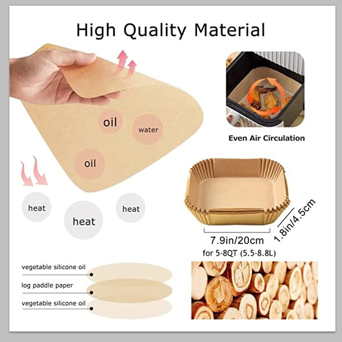 Set 100 hartii de copt pentru Air Fryer, 16x16x4.5cm, Patrat, Maro