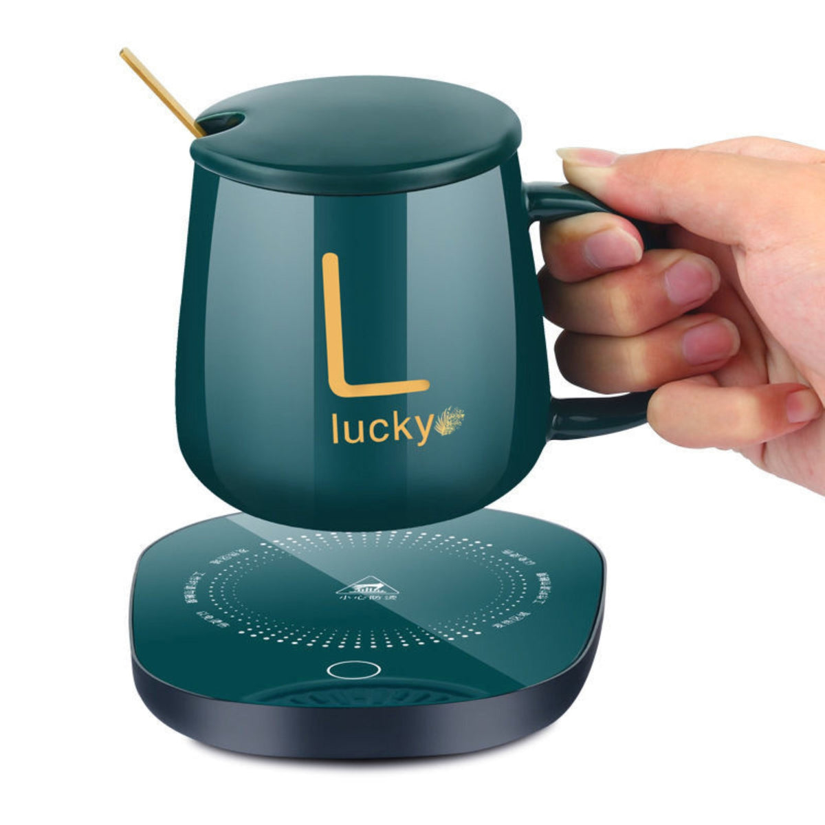 Set cana ceramica, cu incalzire, scris auriu Lucky, 350 ml, verde