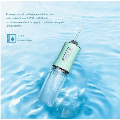 Irigator Oral Portabil pentru dus bucal, 4 Capete, 3 trepte de viteza, Curatare 360°, Rezervor 230 ml, Waterproof, Verde