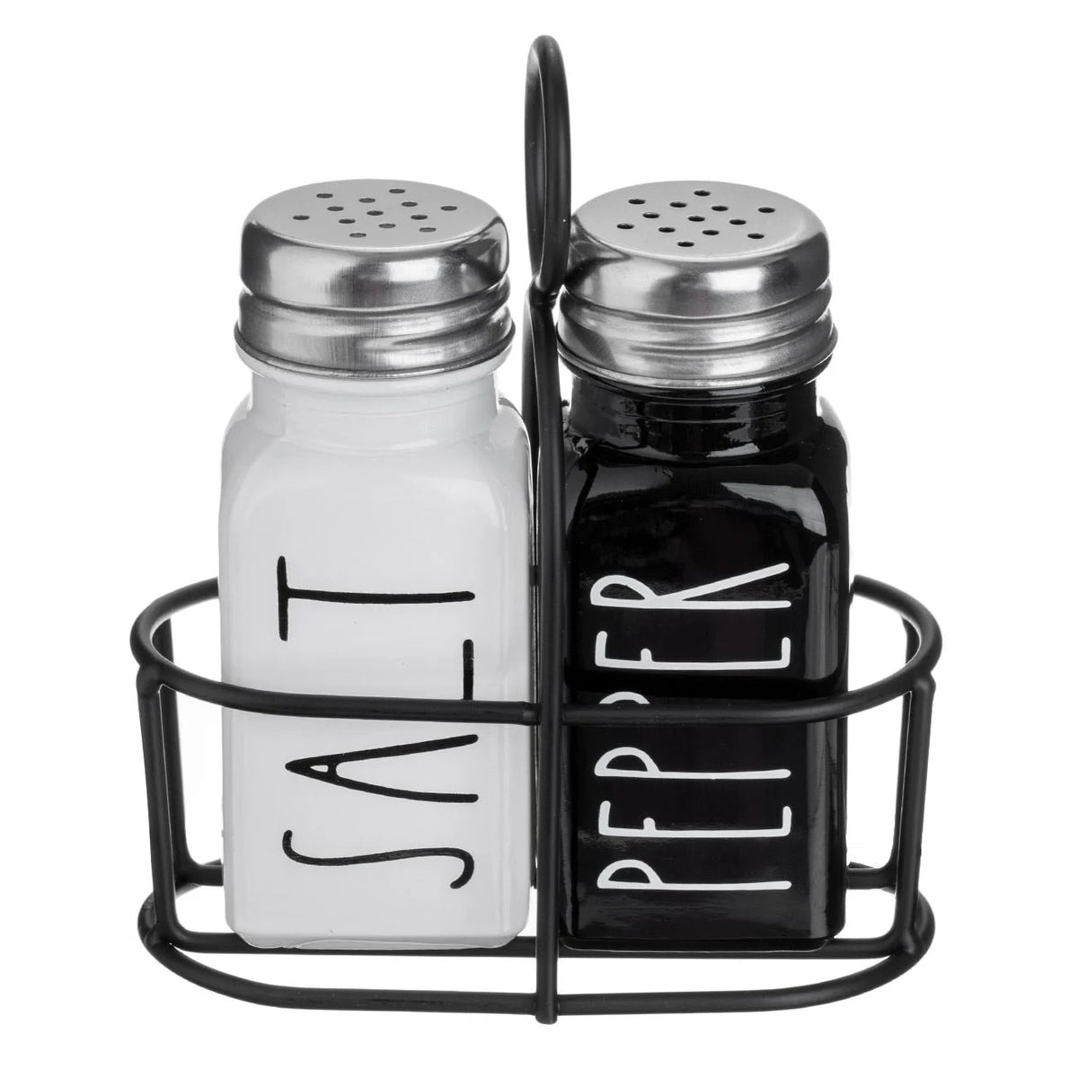 Set Solnita Sare Piper din Sticla Neagra Alba cu Baza Metalica 85ml