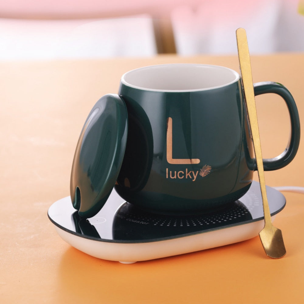 Cana inteligenta de cafea din ceramica, cu capac si lingurita, incalzitor cu USB, 55 grade, controlul temperaturii, verde