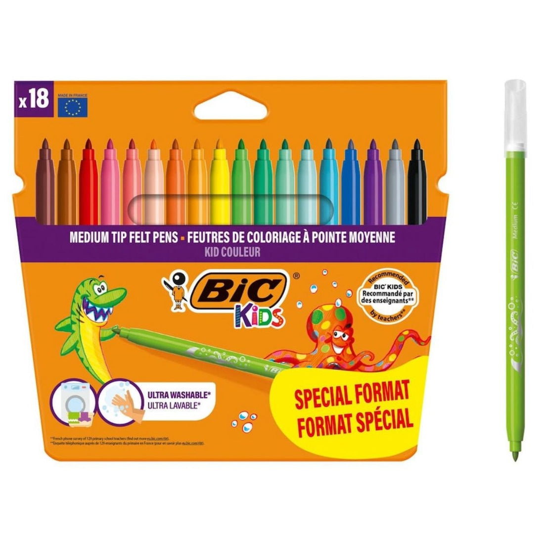 Set de 18 Carioci Lavabile Bic Kids, Culori Vii, Varf Fix Mediu, Capac ventilat, Multicolor