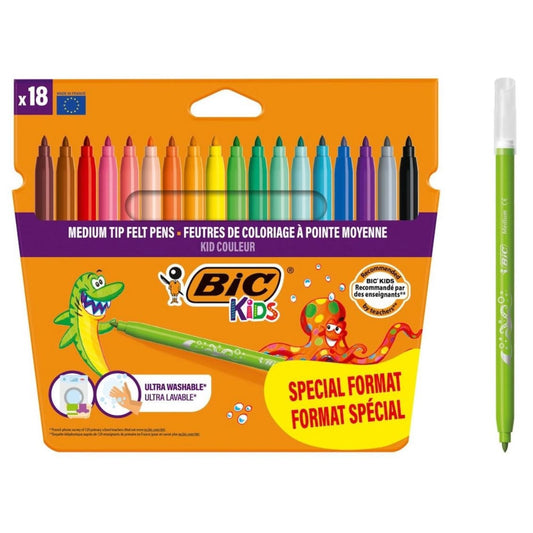 Set de 18 Carioci Lavabile Bic Kids, Culori Vii, Varf Fix Mediu, Capac ventilat, Multicolor