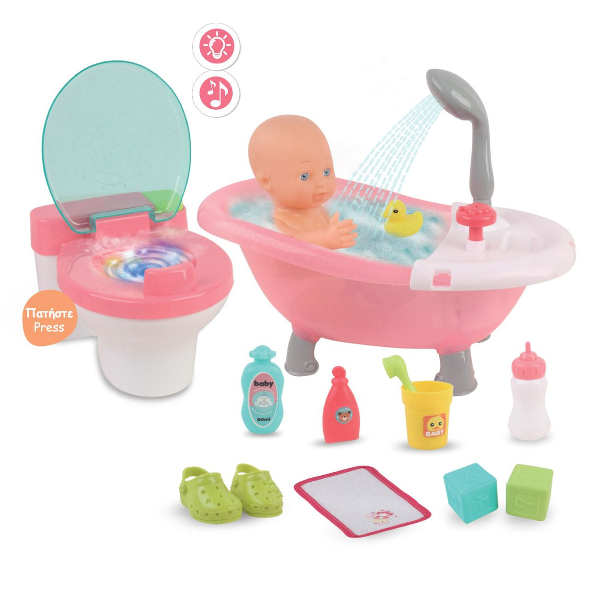 Papusa bebelus cu cada, efect sonor, halat de baie roz, 40cm, set cu accesorii