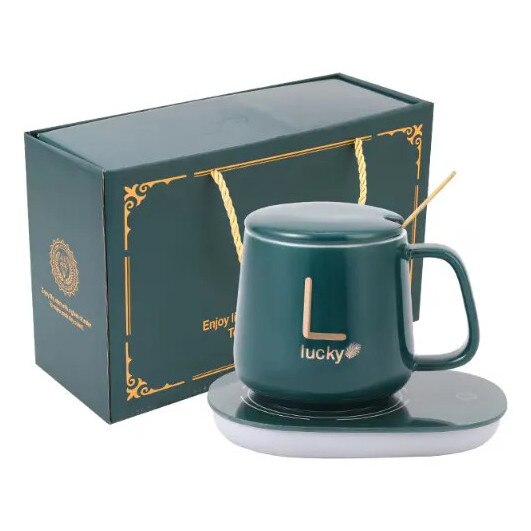 Set cana ceramica, cu incalzire, scris auriu Lucky, 350 ml, verde