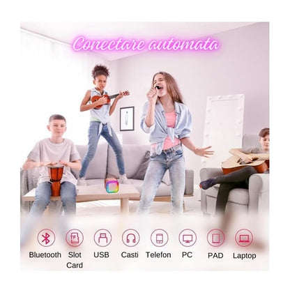 Set Karaoke cu boxa si 2 microfoane pentru copii si adulti, wirless, card micro SD, Bluetooth, radio FM, beige