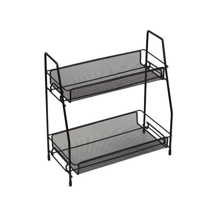 Suport organizator multifunctional cu 2 etaje, negru, metalic, ideal pentru condimente, cosmetice