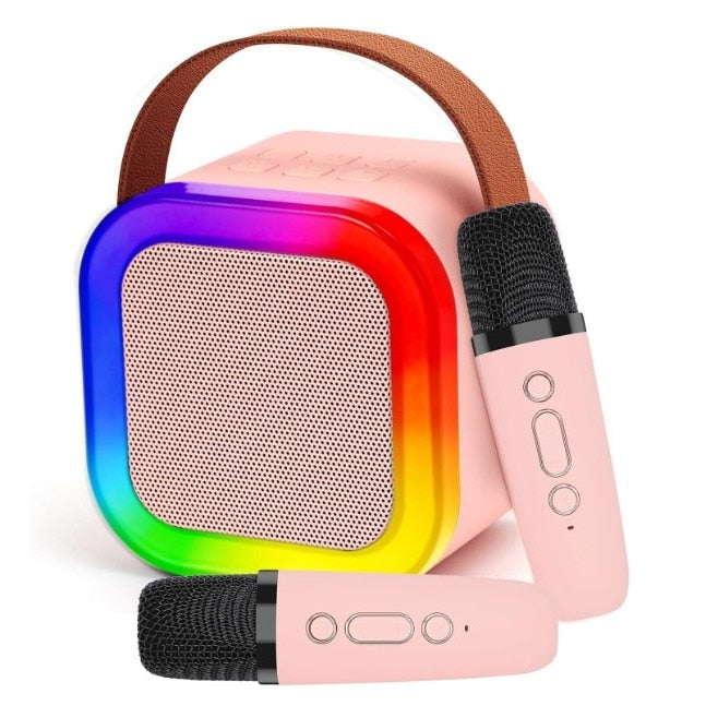 Set Karaoke cu boxa si 2 microfoane pentru copii si adulti, wirless, card micro SD, Bluetooth, radio FM, beige