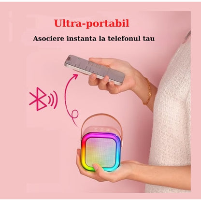 Set Karaoke cu boxa si 2 microfoane pentru copii si adulti, wirless, card micro SD, Bluetooth, radio FM, beige