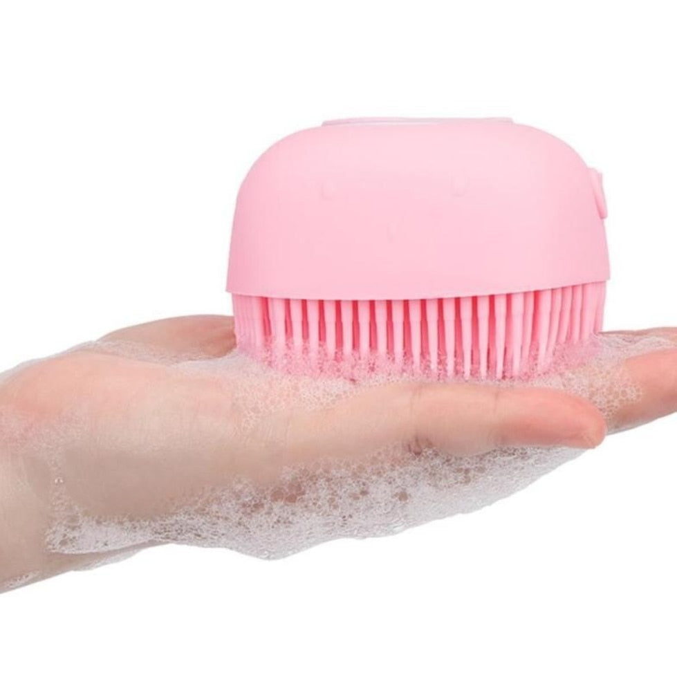 Burete din Silicon Soft pentru Curatare Corporala, Capilara, Rezervor 80ml pentru Sampon, Gel de Dus, 8.5 x 8 x 5.5 cm, Roz