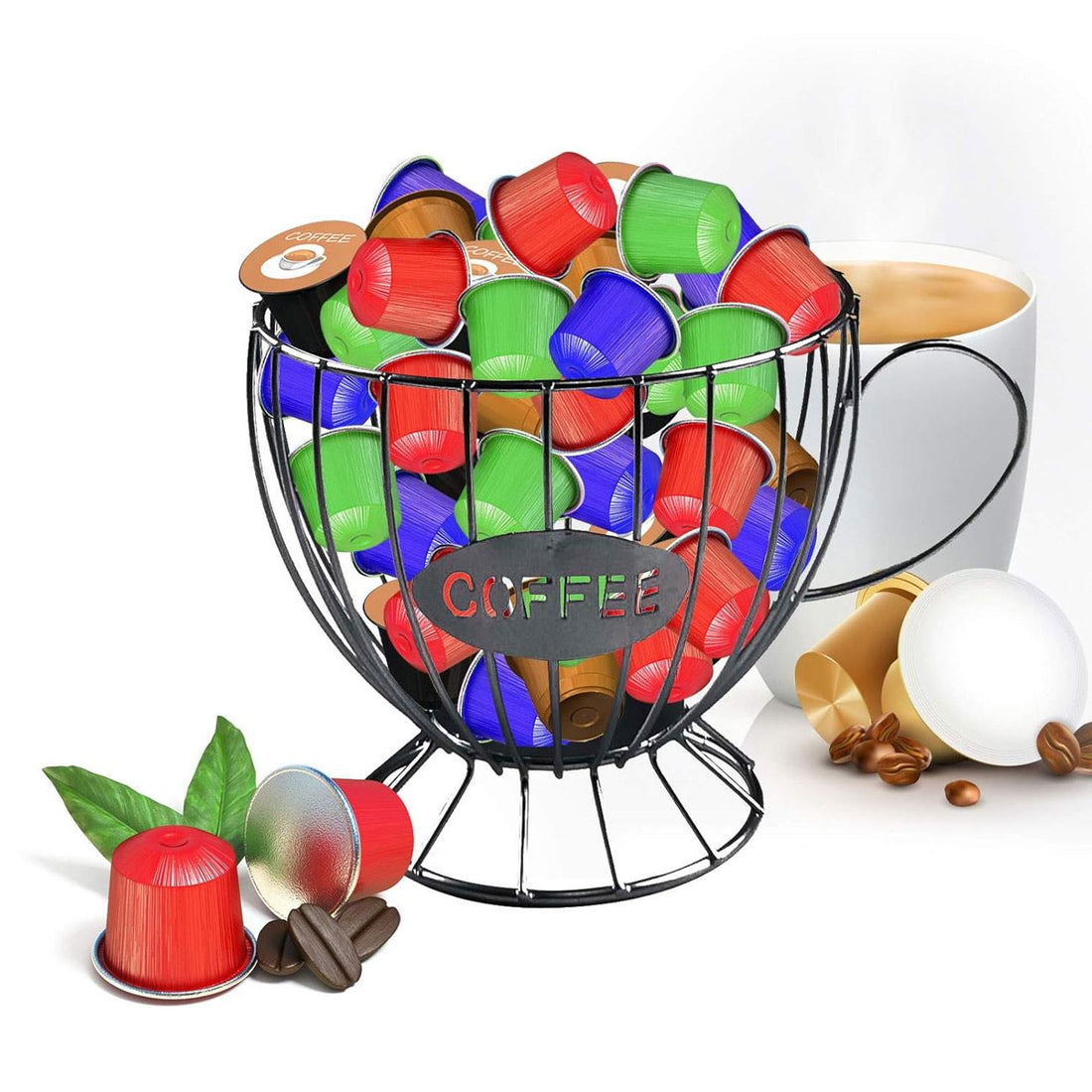 Suport metalic negru in forma de ceasca pentru capsule de cafea, 15x14cm
