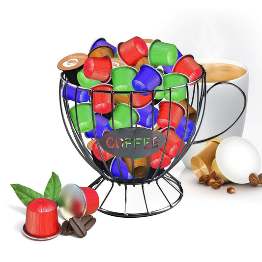 Suport metalic negru in forma de ceasca pentru capsule de cafea, 15x14cm