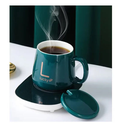 Set cana ceramica, cu incalzire, scris auriu Lucky, 350 ml, verde