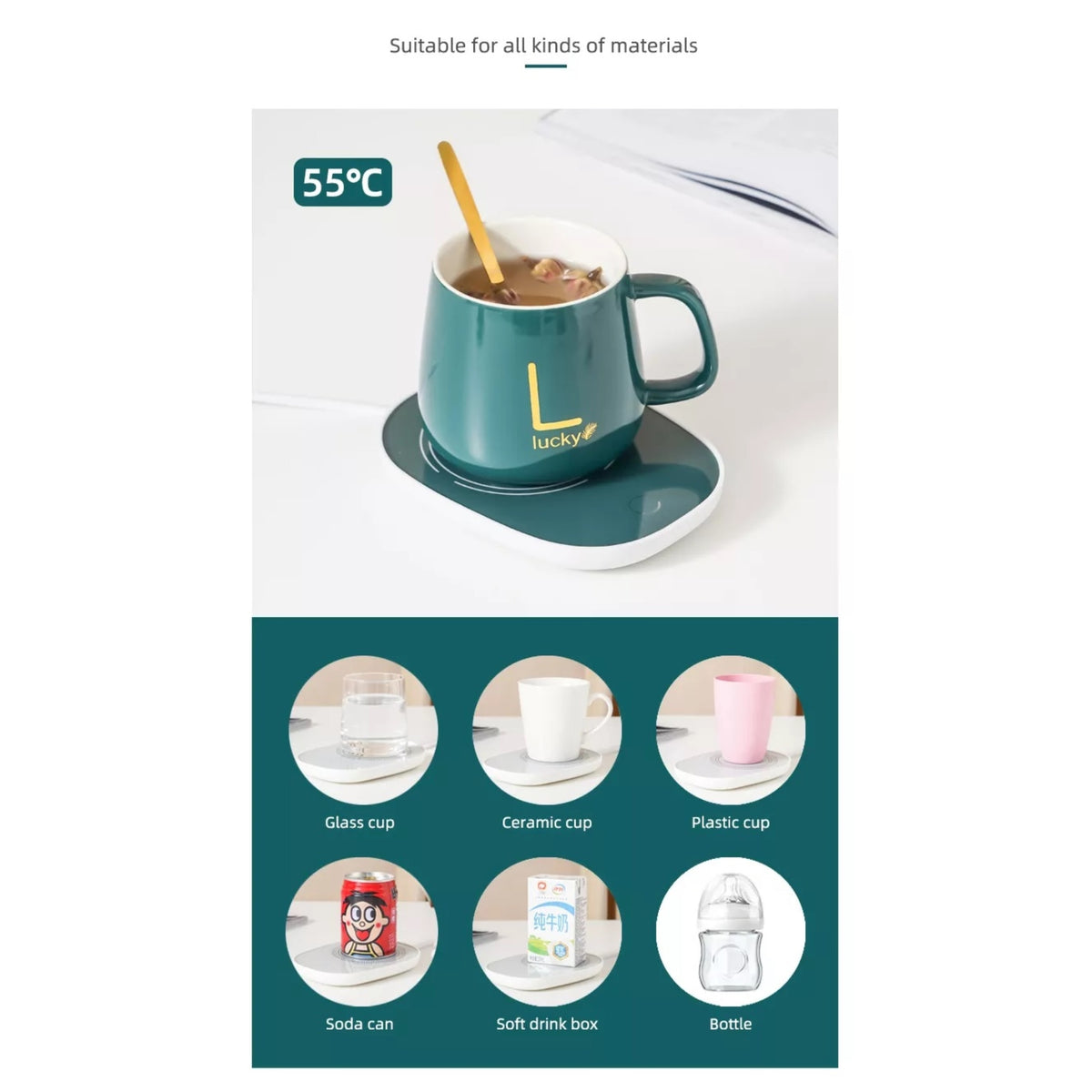 Set cana ceramica, cu incalzire, scris auriu Lucky, 350 ml, verde
