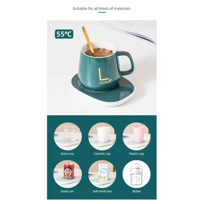 Set cana ceramica, cu incalzire, scris auriu Lucky, 350 ml, verde