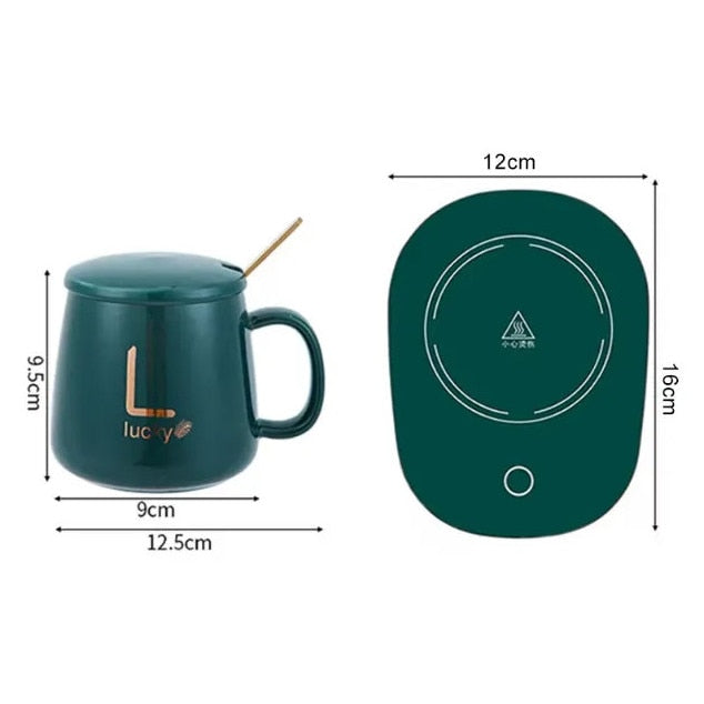 Set cana ceramica, cu incalzire, scris auriu Lucky, 350 ml, verde