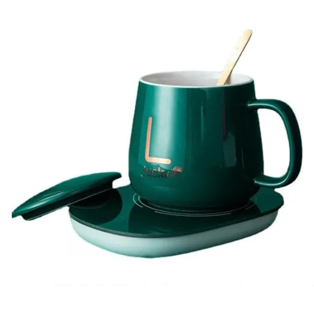 Set cana ceramica, cu incalzire, scris auriu Lucky, 350 ml, verde