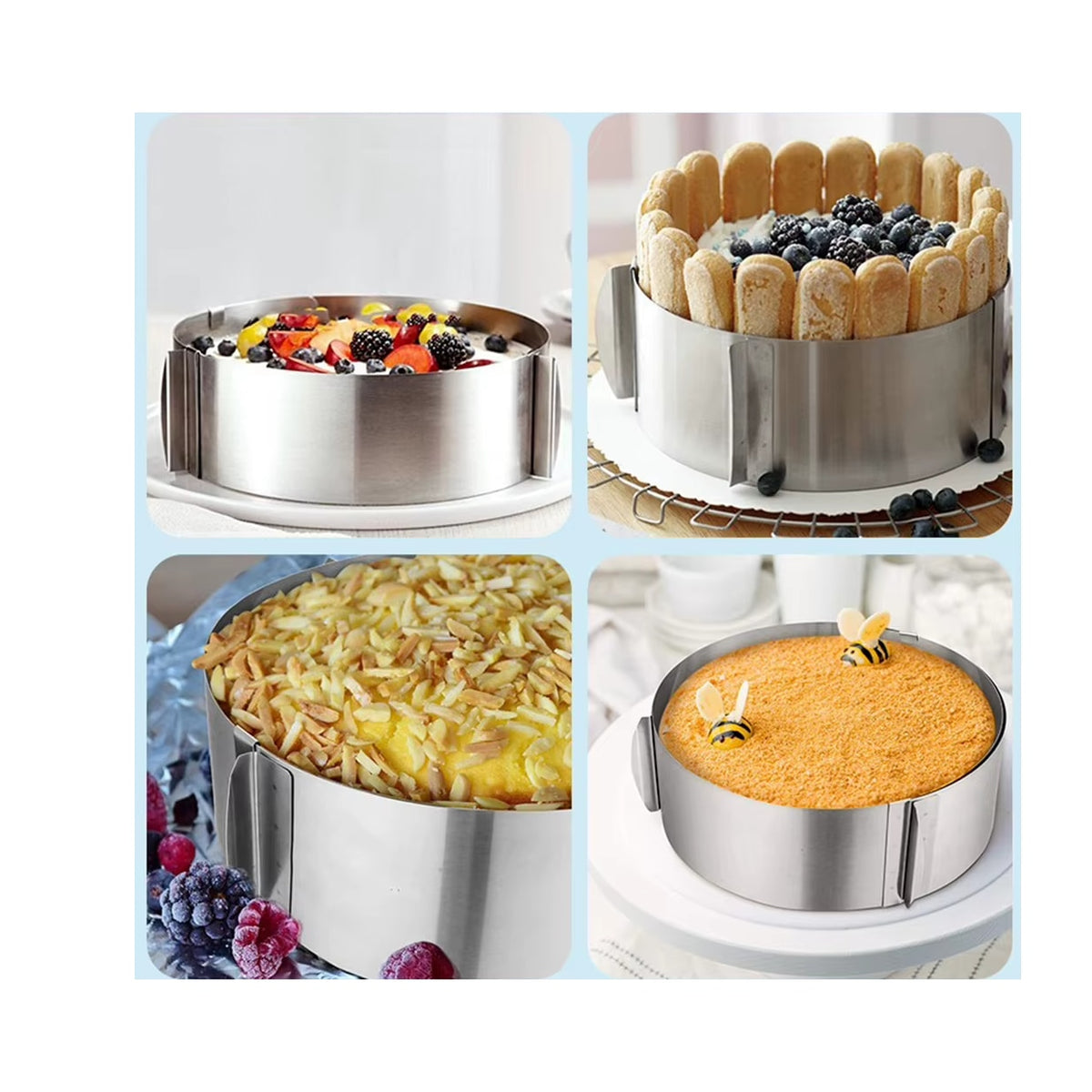 Inel reglabil pentru tort, otel inoxidabil, diametru reglabil 16-30 cm, inaltime 15 cm, argintiu